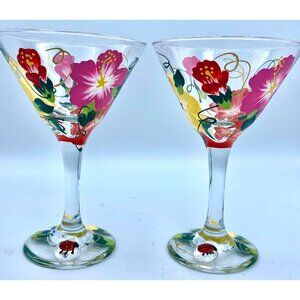 Hand Painted Fibrant Flower Applied Ladybug Wine Glasses/ 8 ounces/ Signed Set 2